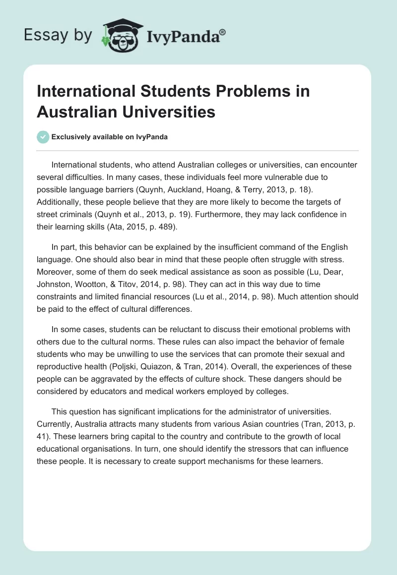 International Students Problems in Australian Universities. Page 1