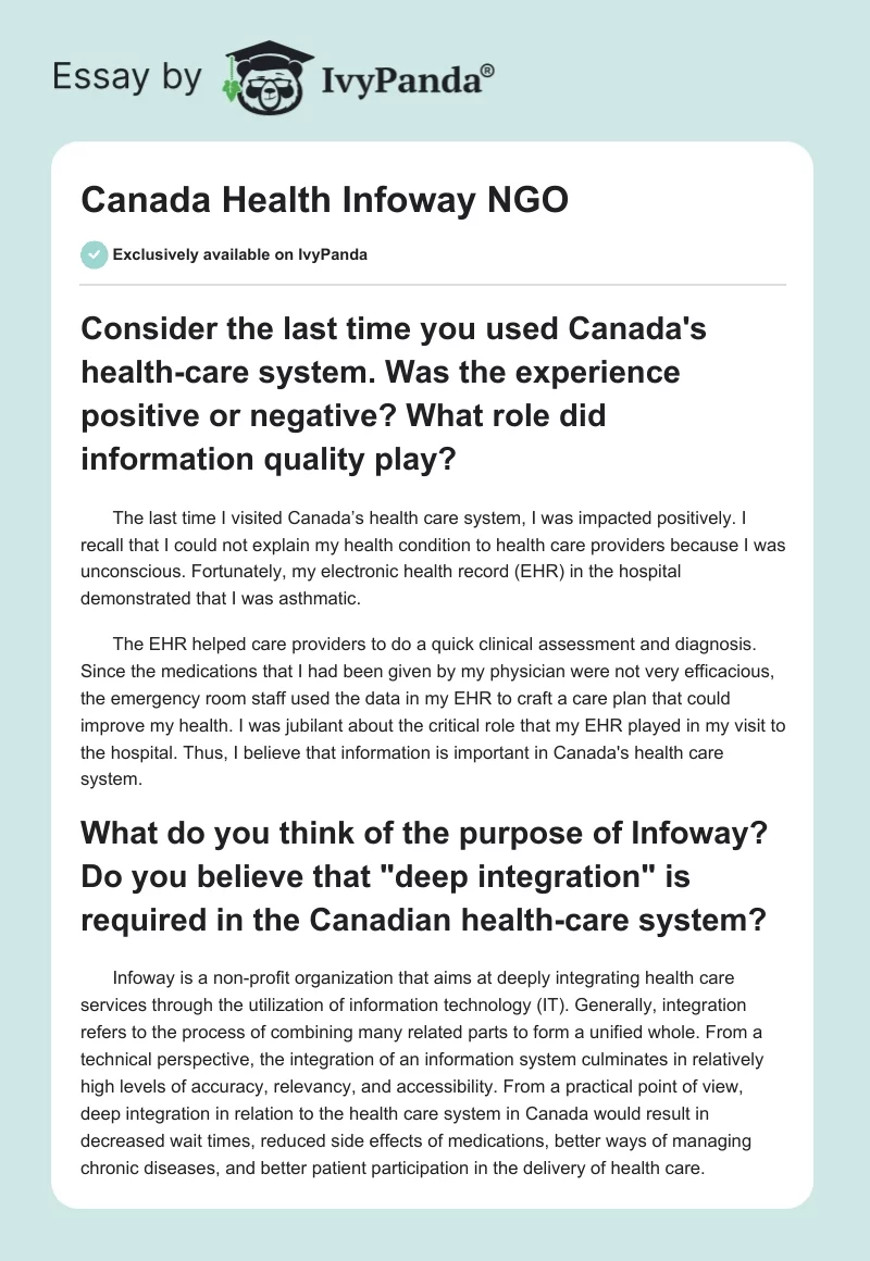 Canada Health Infoway NGO. Page 1