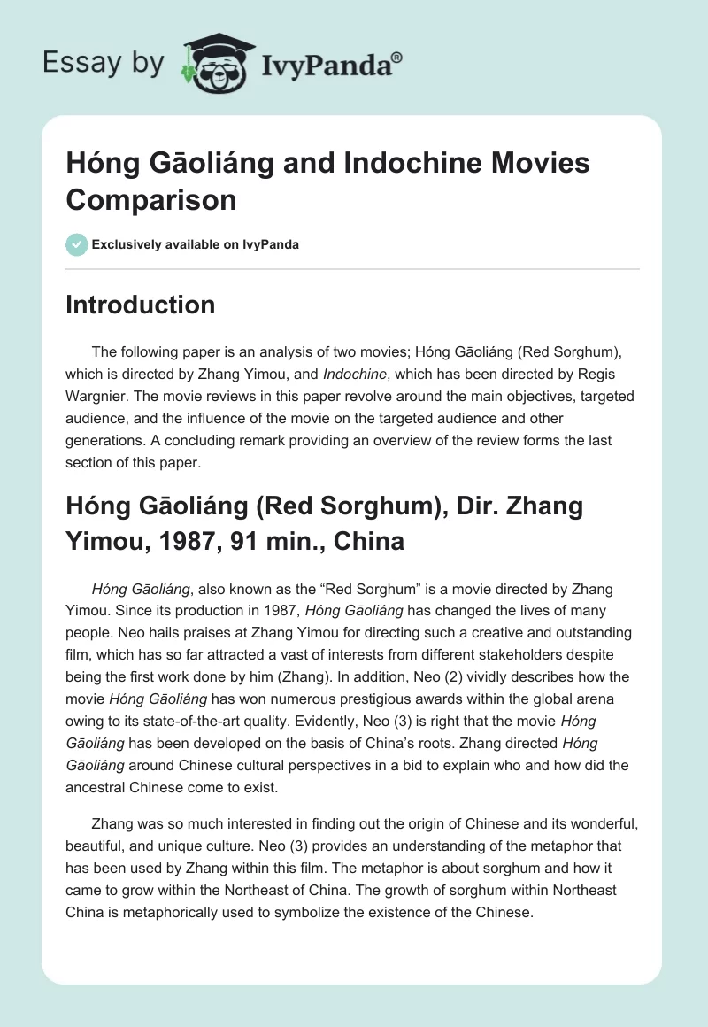 "Hóng Gāoliáng" and "Indochine" Movies Comparison. Page 1