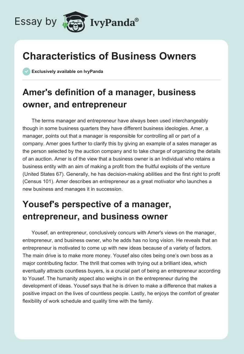 Characteristics of Business Owners. Page 1