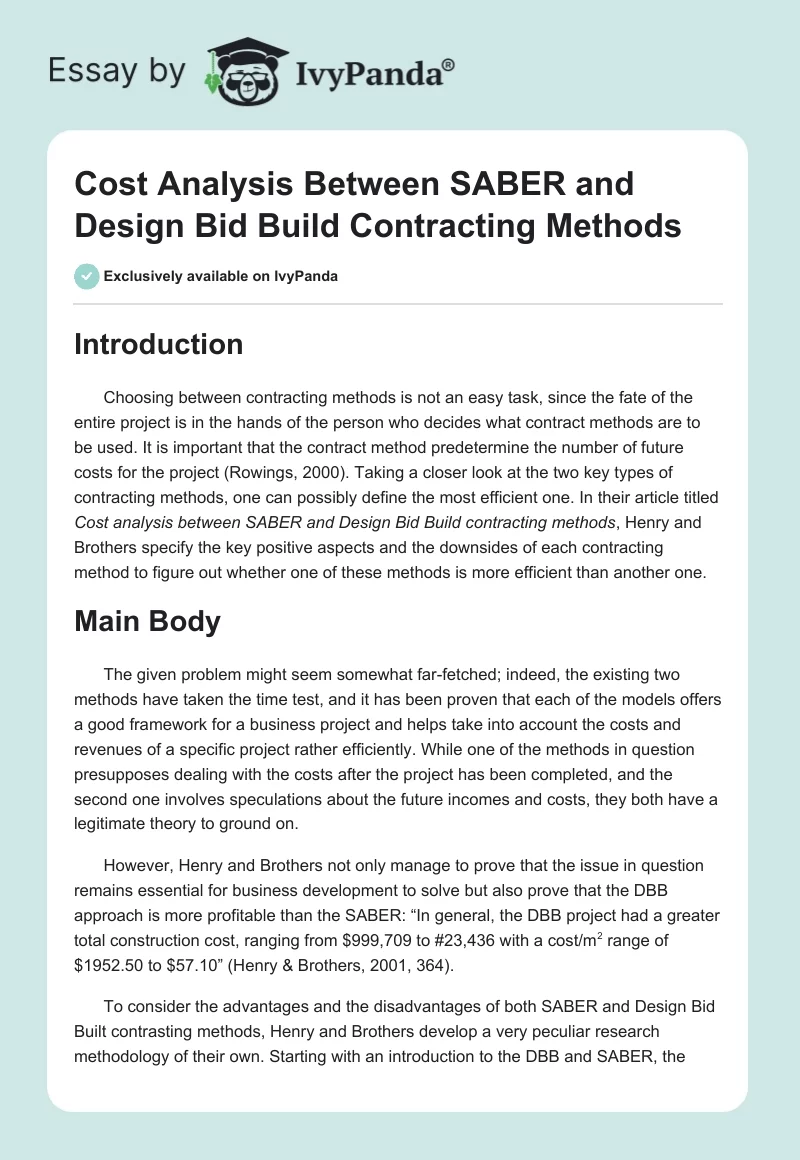 Cost Analysis Between SABER and Design Bid Build Contracting Methods. Page 1