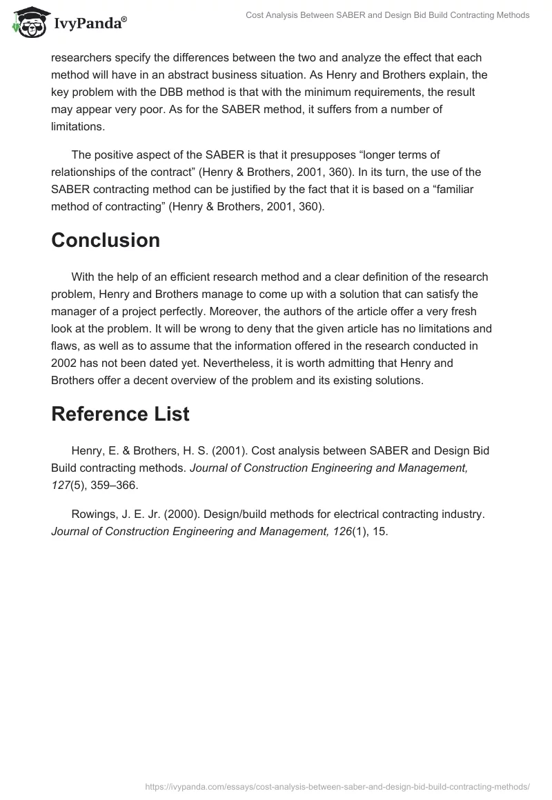 Cost Analysis Between SABER and Design Bid Build Contracting Methods. Page 2