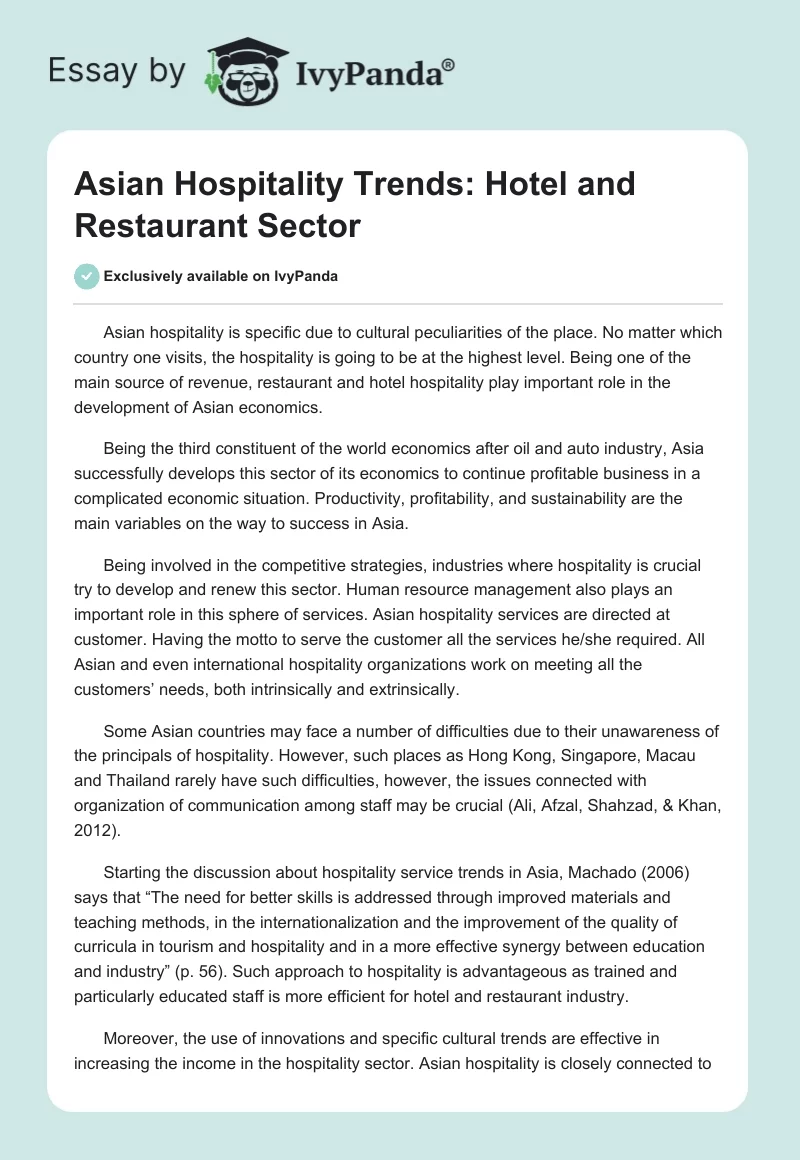Asian Hospitality Trends: Hotel and Restaurant Sector. Page 1