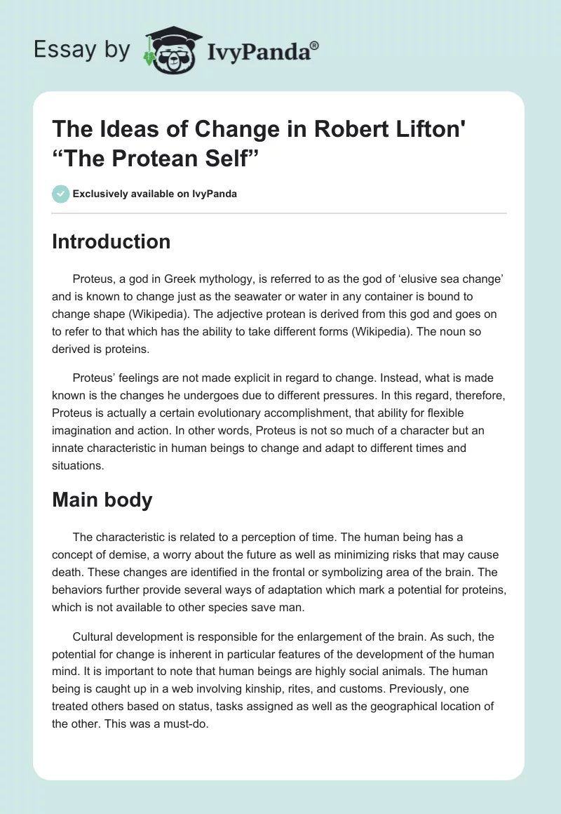 The Ideas of Change in Robert Lifton' “The Protean Self”. Page 1