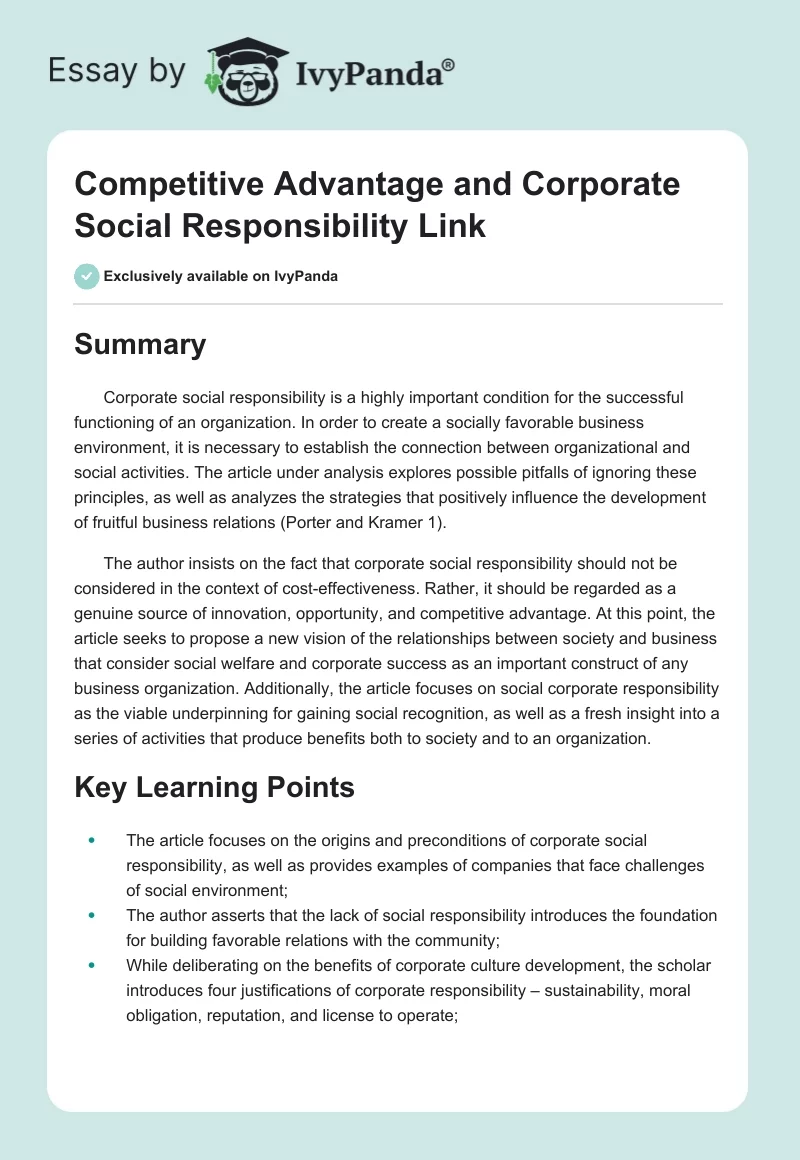 Competitive Advantage and Corporate Social Responsibility Link. Page 1
