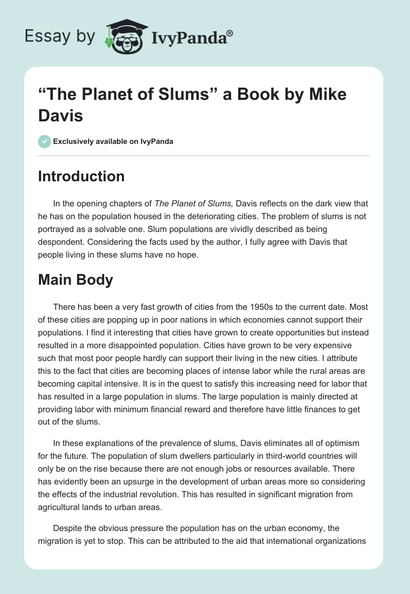 “The Planet of Slums” a Book by Mike Davis. Page 1