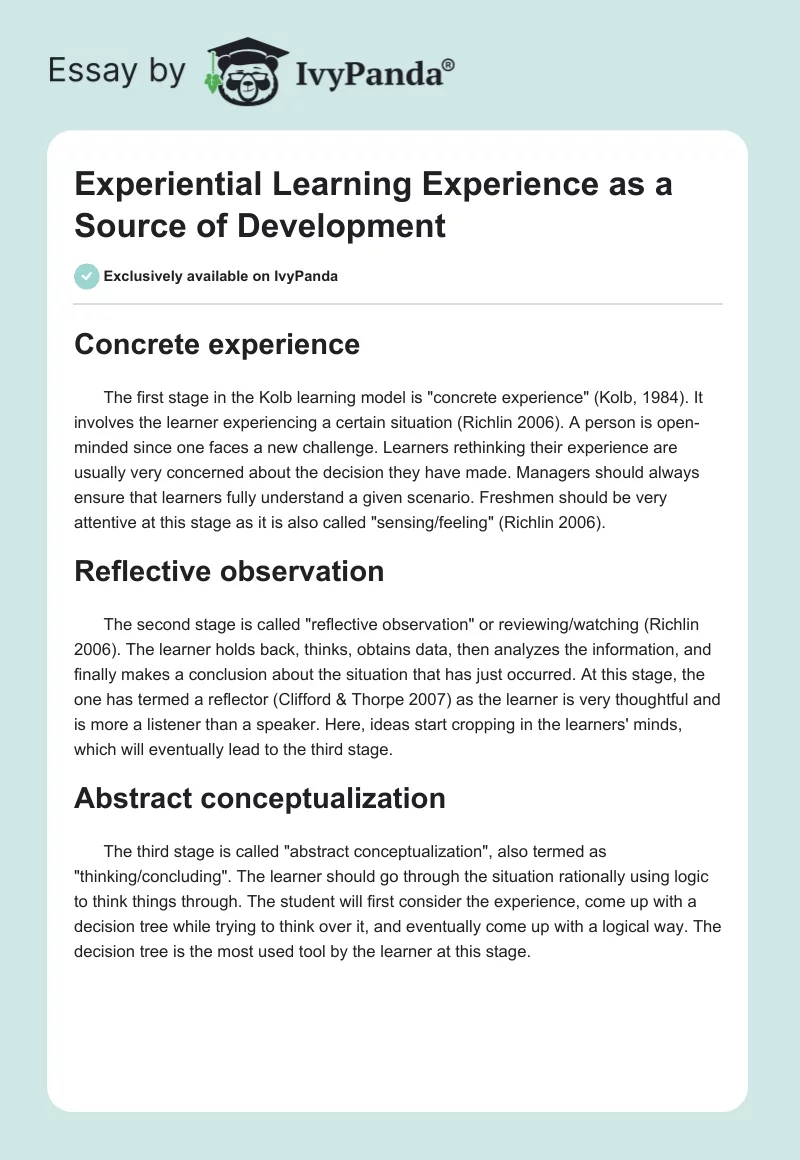 Experiential Learning Experience as a Source of Development. Page 1