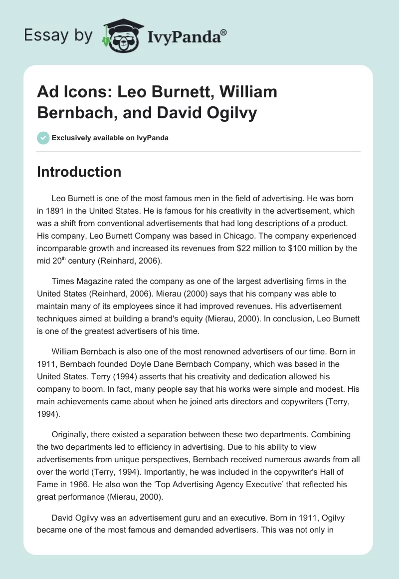 Ad Icons: Leo Burnett, William Bernbach, and David Ogilvy. Page 1