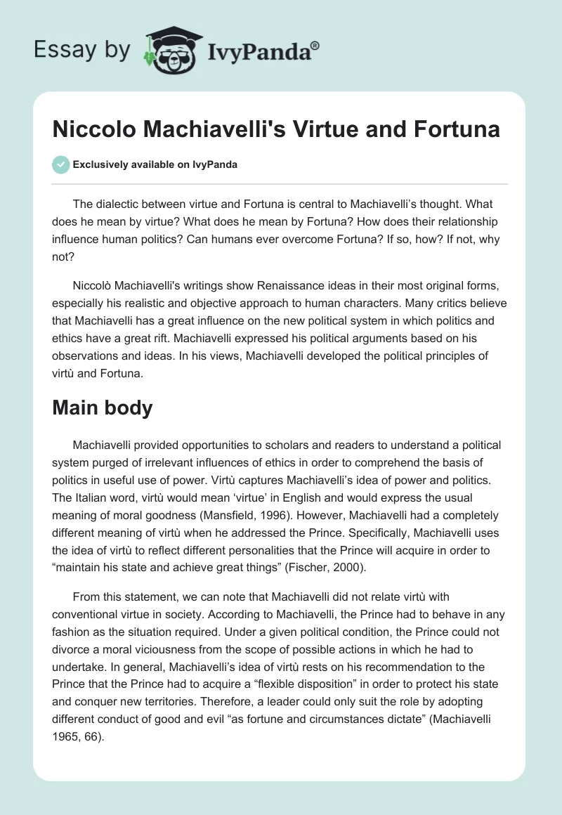 Niccolo Machiavelli's Virtue and Fortuna. Page 1