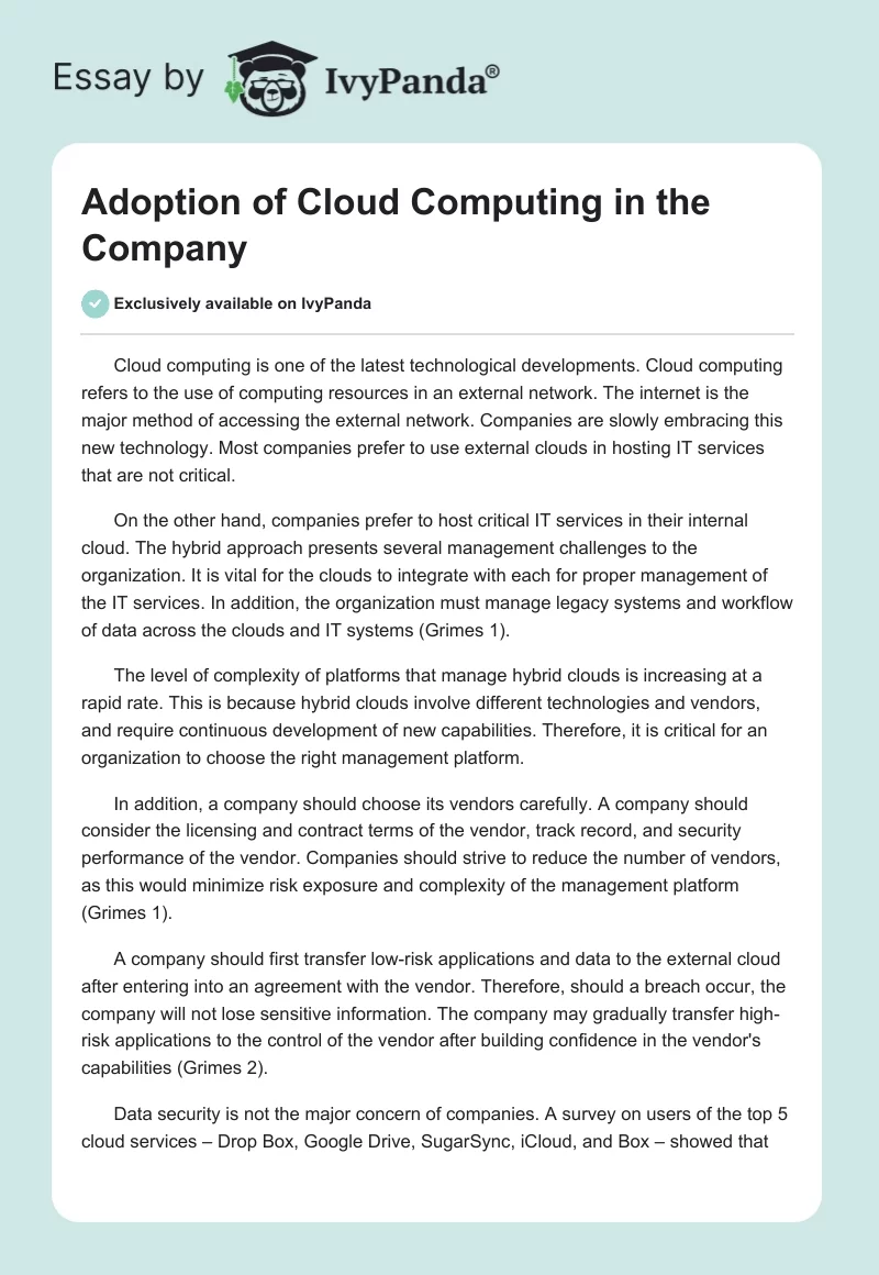 Adoption of Cloud Computing in the Company. Page 1