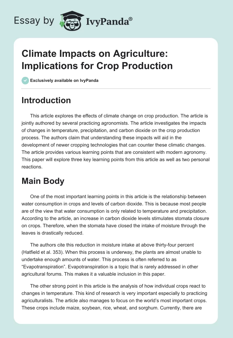 Climate Impacts on Agriculture: Implications for Crop Production. Page 1