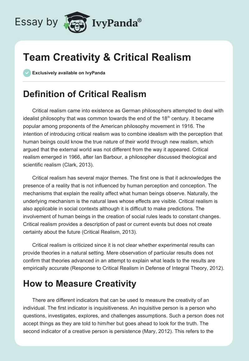 Team Creativity & Critical Realism. Page 1