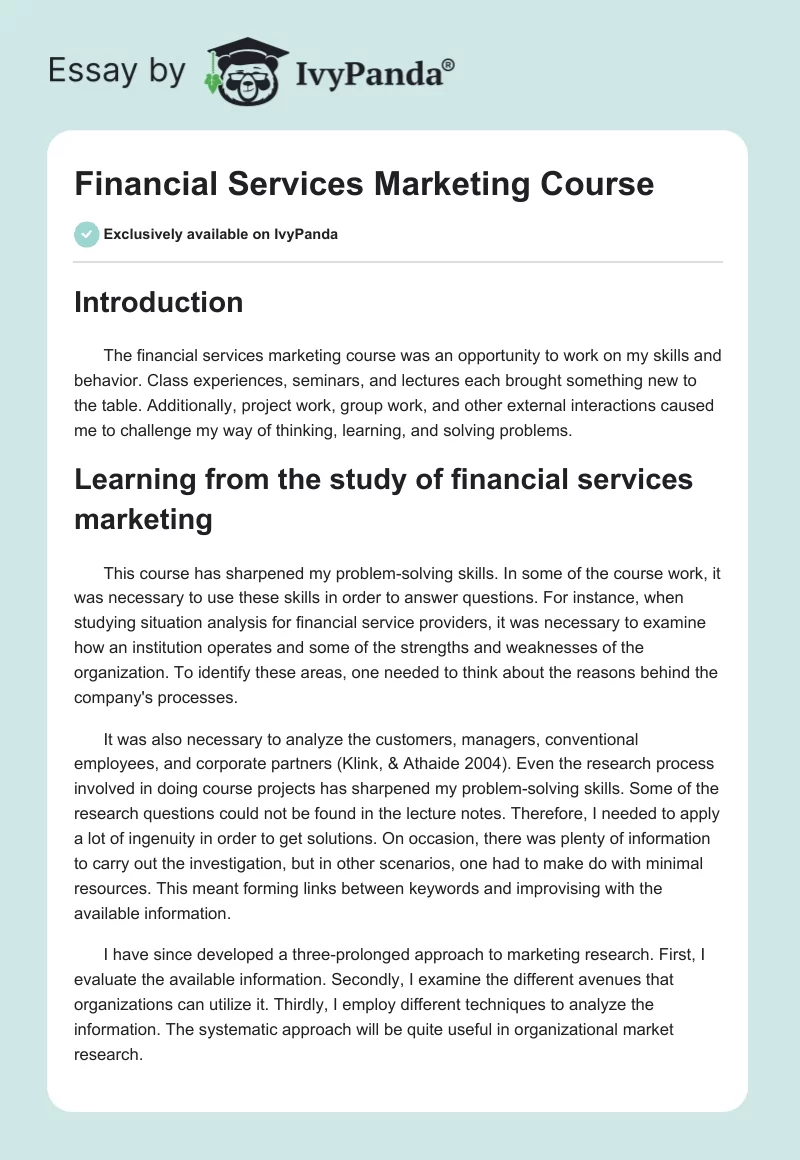 Financial Services Marketing Course. Page 1