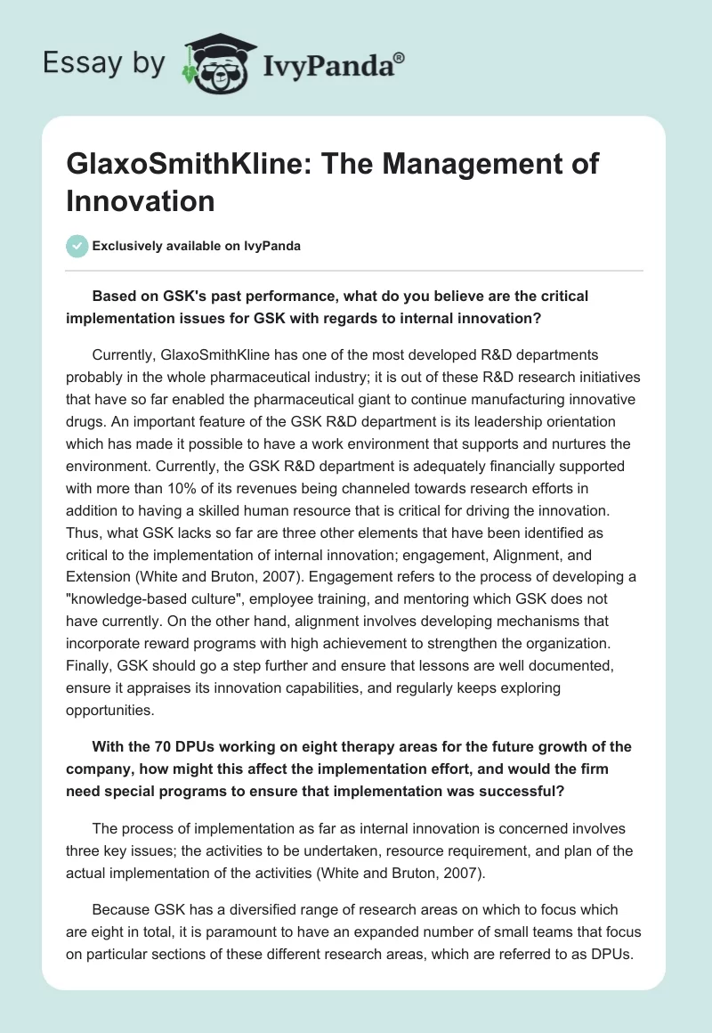 GlaxoSmithKline: The Management of Innovation. Page 1