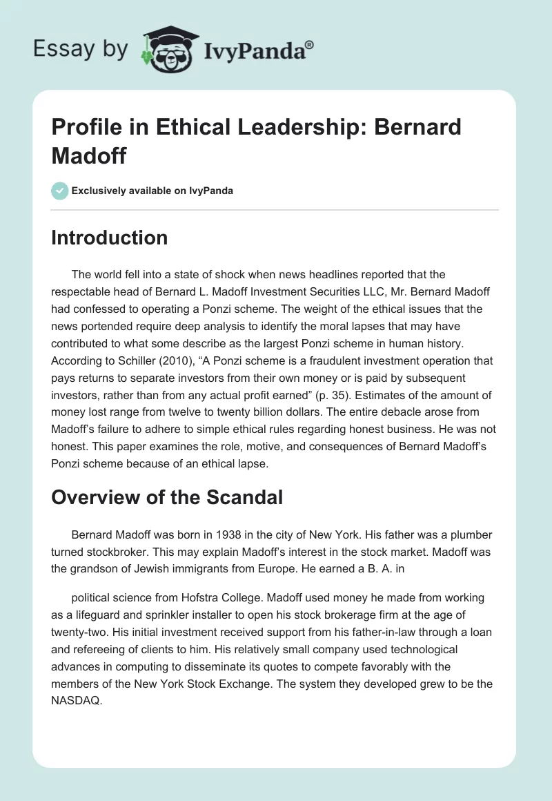 Profile in Ethical Leadership: Bernard Madoff. Page 1