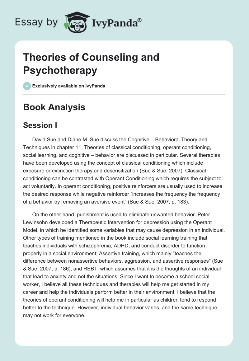 Theories of Counseling and Psychotherapy. Page 1