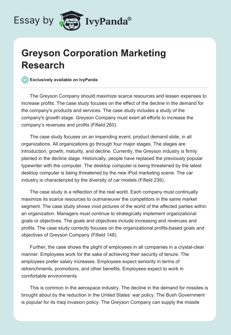 Greyson Corporation Marketing Research. Page 1