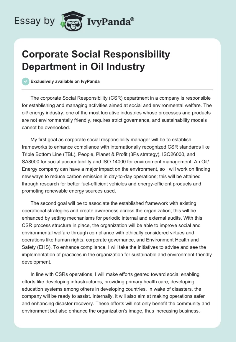 Corporate Social Responsibility Department in Oil Industry. Page 1