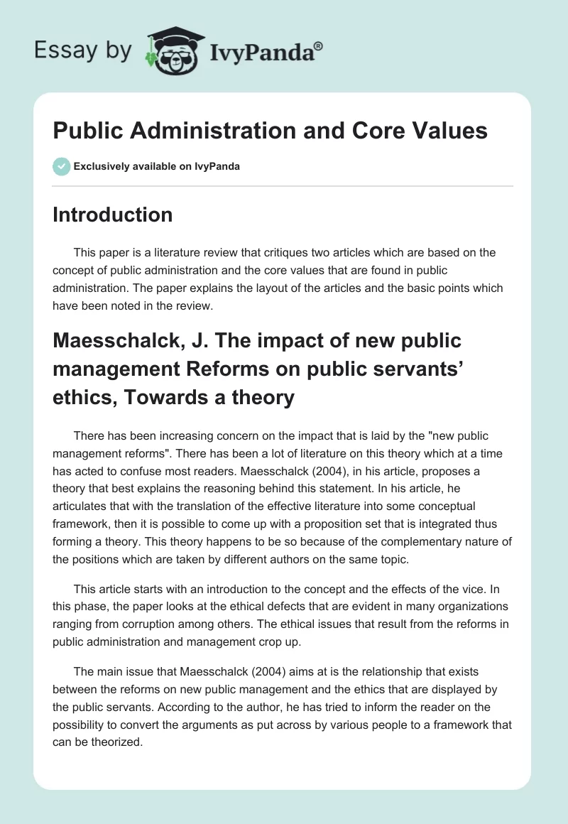 Public Administration and Core Values. Page 1