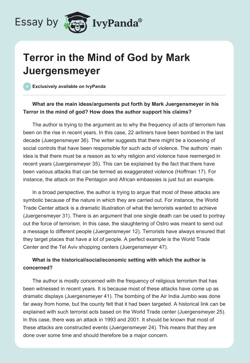 Terror in the Mind of God by Mark Juergensmeyer. Page 1