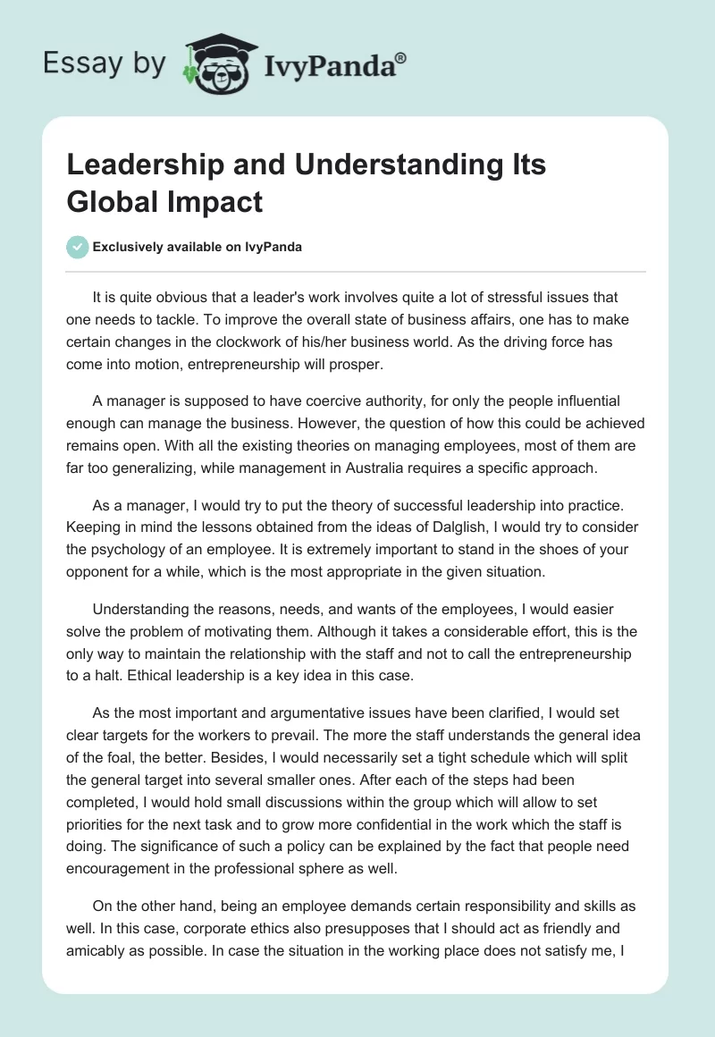 Leadership and Understanding Its Global Impact. Page 1