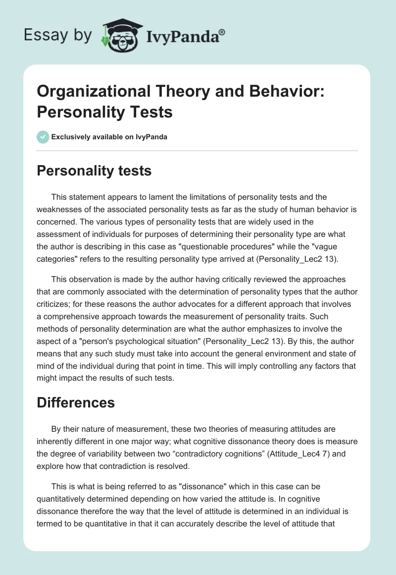 Organizational Theory and Behavior: Personality Tests. Page 1