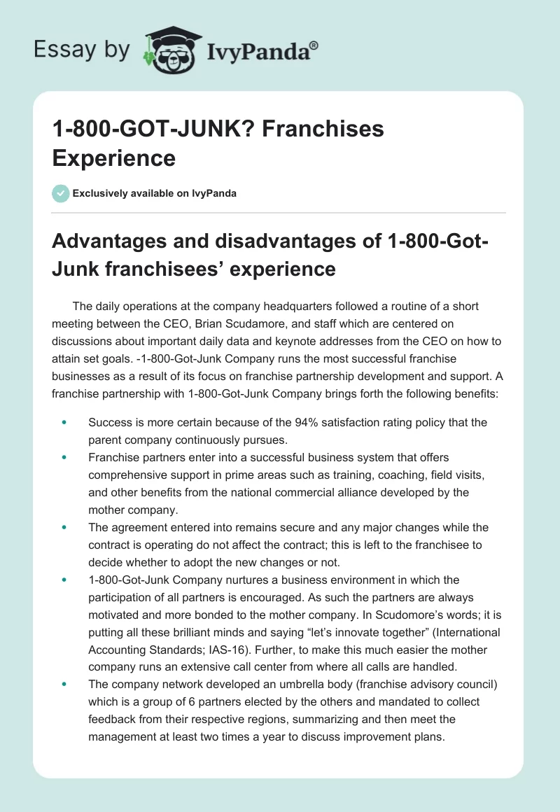 1-800-GOT-JUNK? Franchises Experience. Page 1