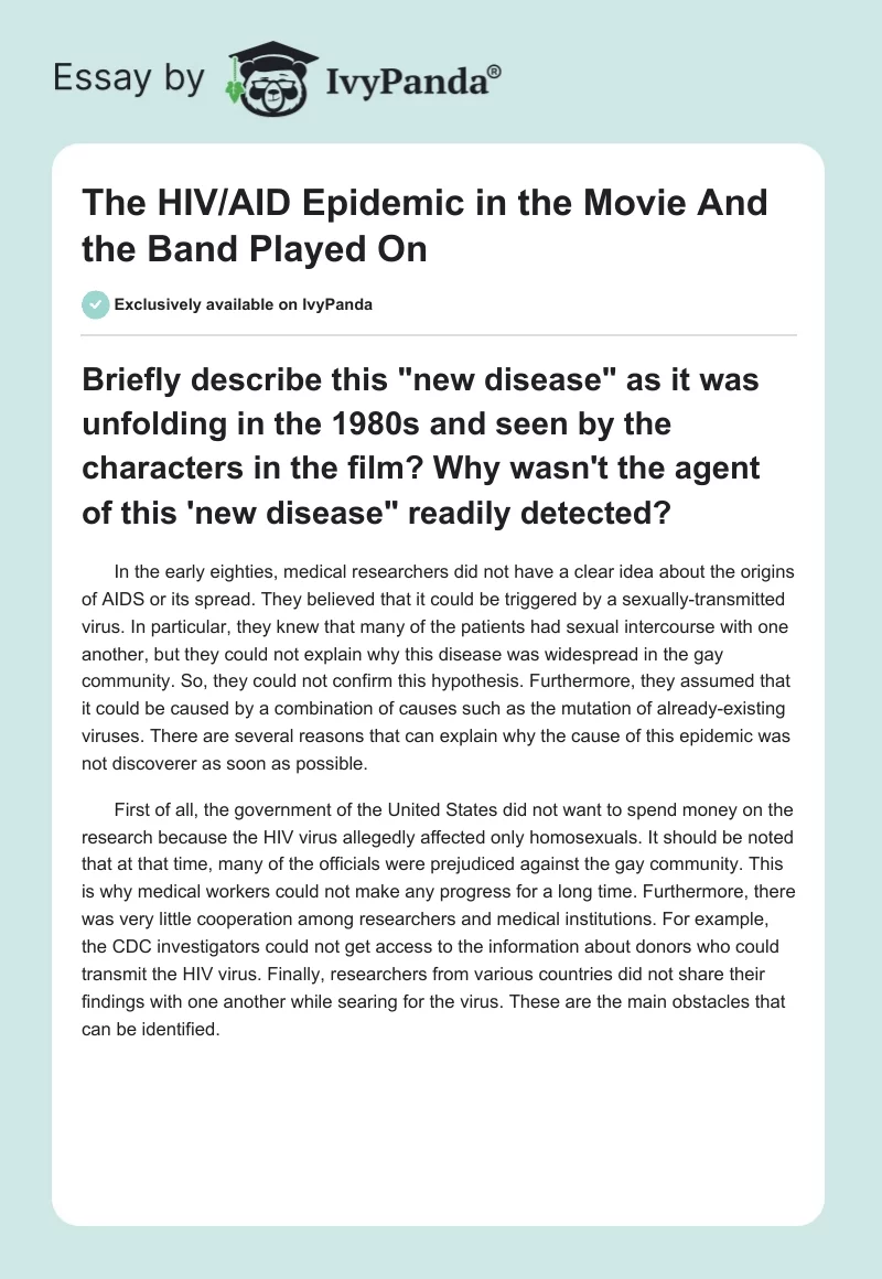 The HIV/AIDS Epidemic in the Movie "And the Band Played On". Page 1