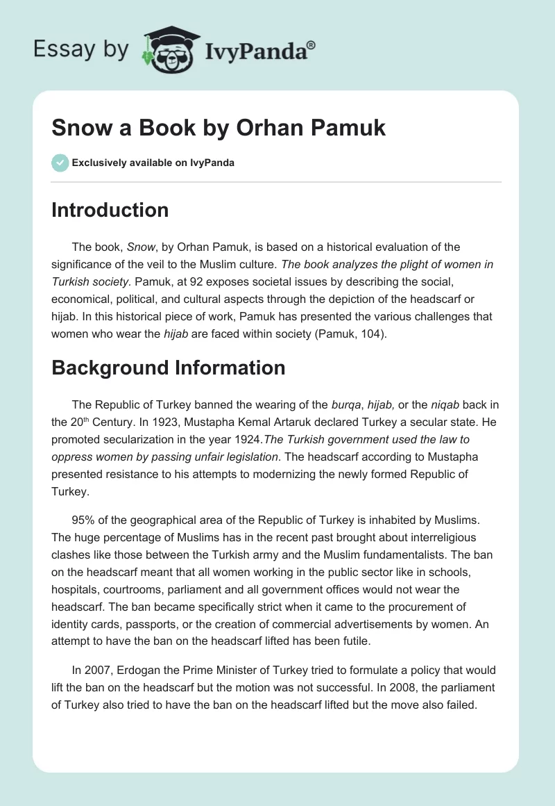 "Snow" a Book by Orhan Pamuk. Page 1