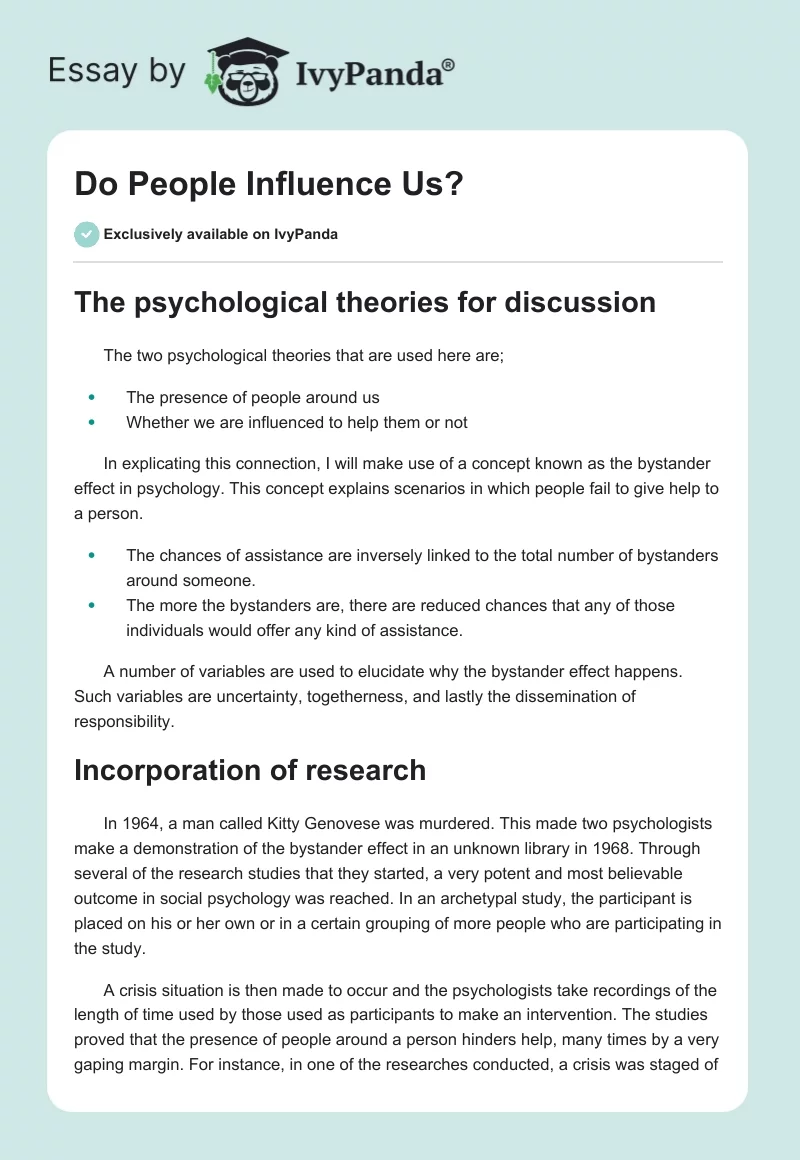 The Bystander Effect: Psychological Theories and Research. Page 1