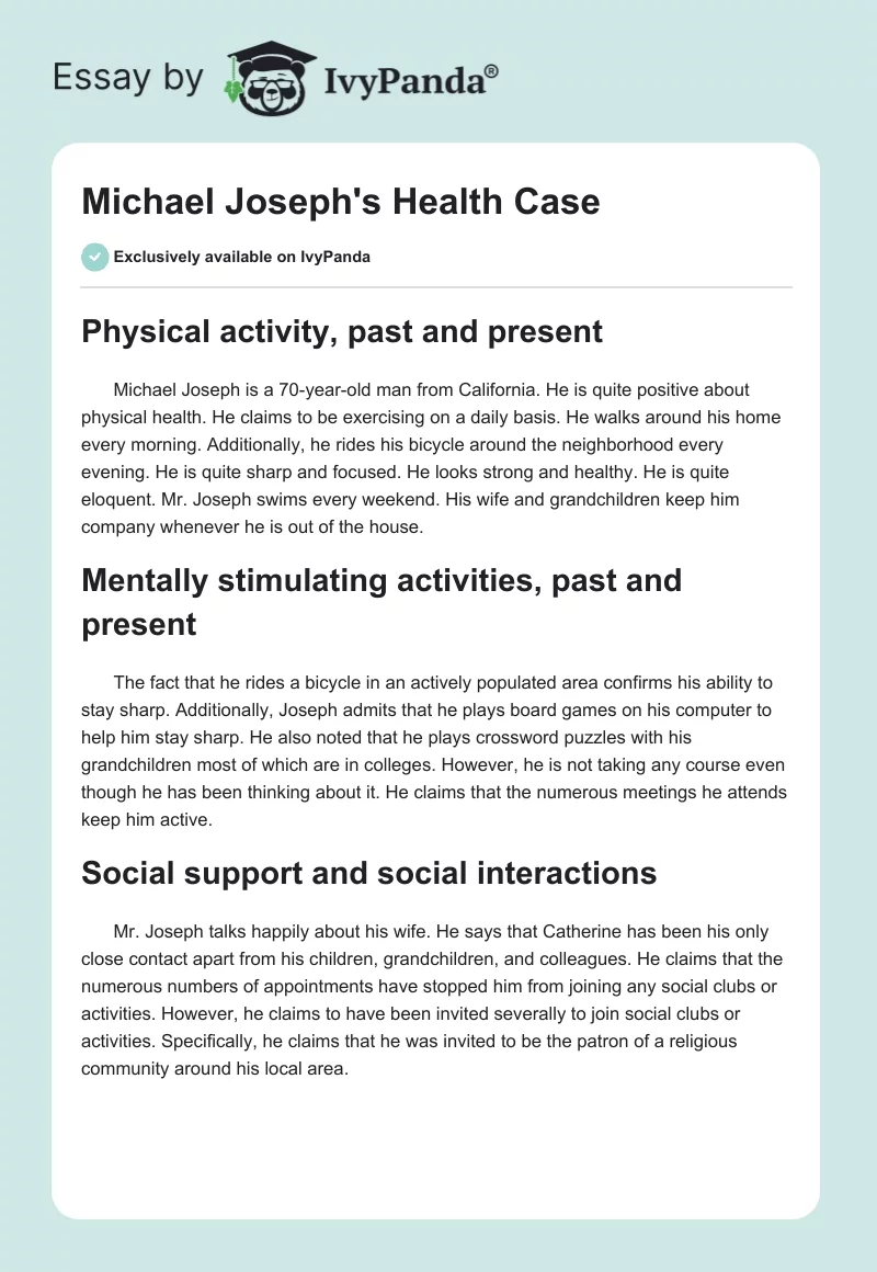 Michael Joseph's Health Case. Page 1