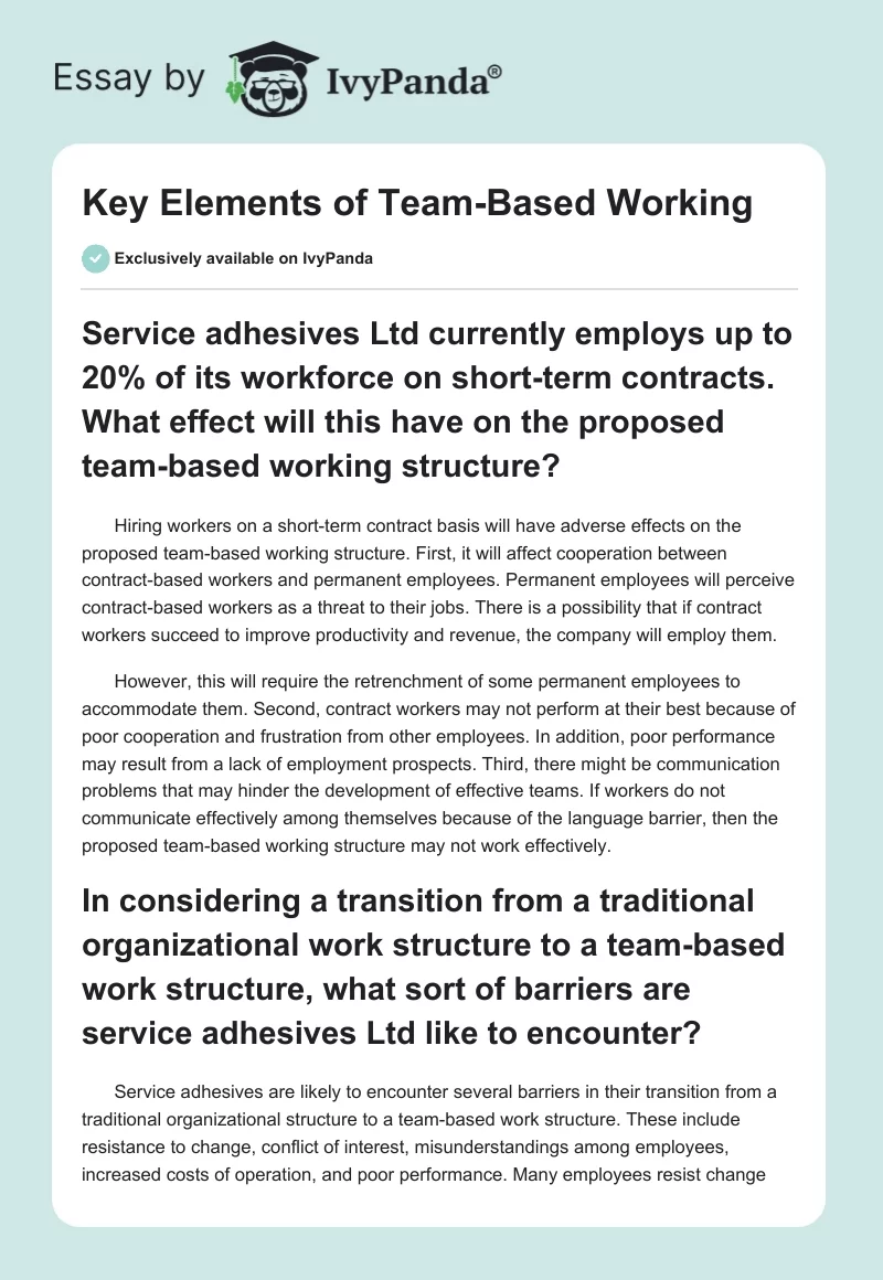 Key Elements of Team-Based Working. Page 1