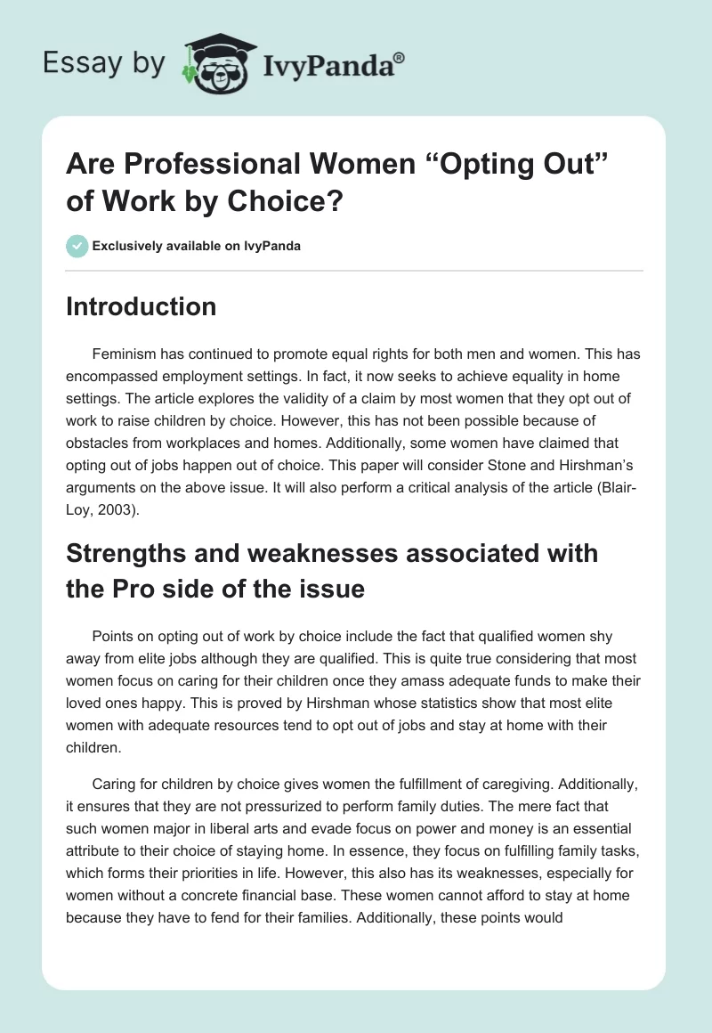 Are Professional Women “Opting Out” of Work by Choice?. Page 1