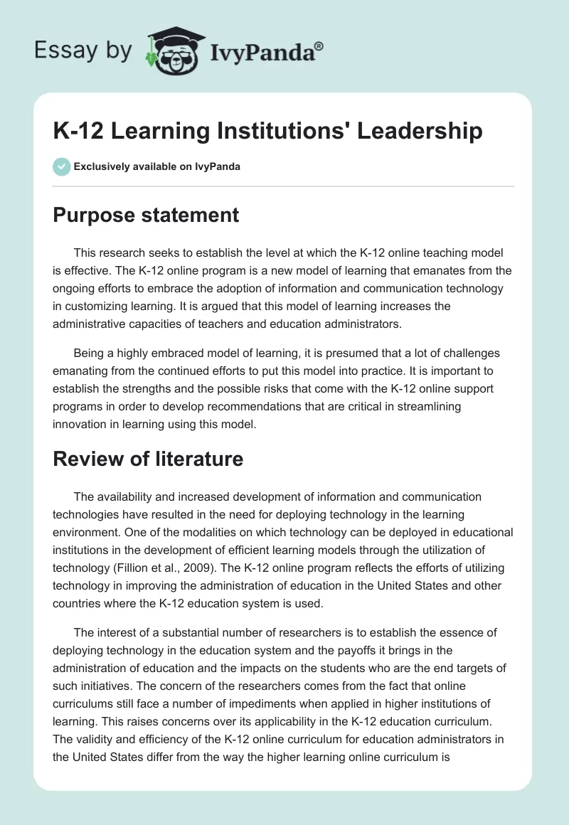 K-12 Learning Institutions' Leadership. Page 1