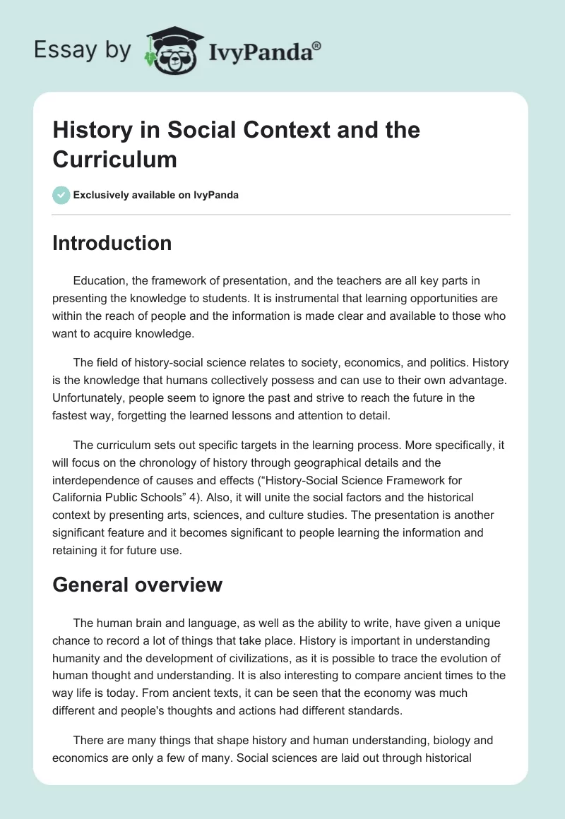 History in Social Context and the Curriculum. Page 1