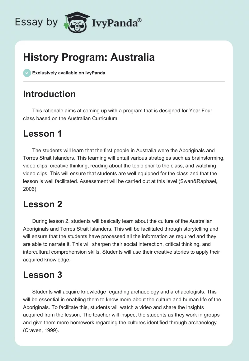 History Program: Australia. Page 1