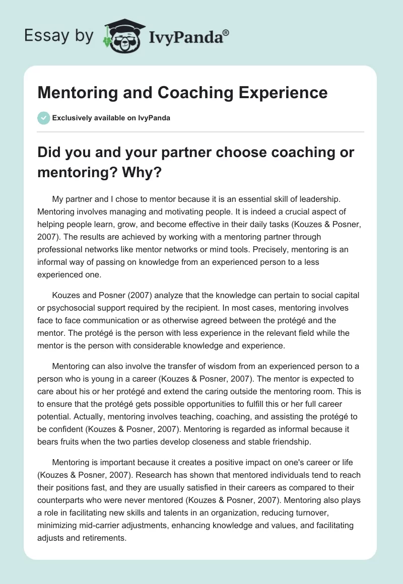 Mentoring and Coaching Experience. Page 1