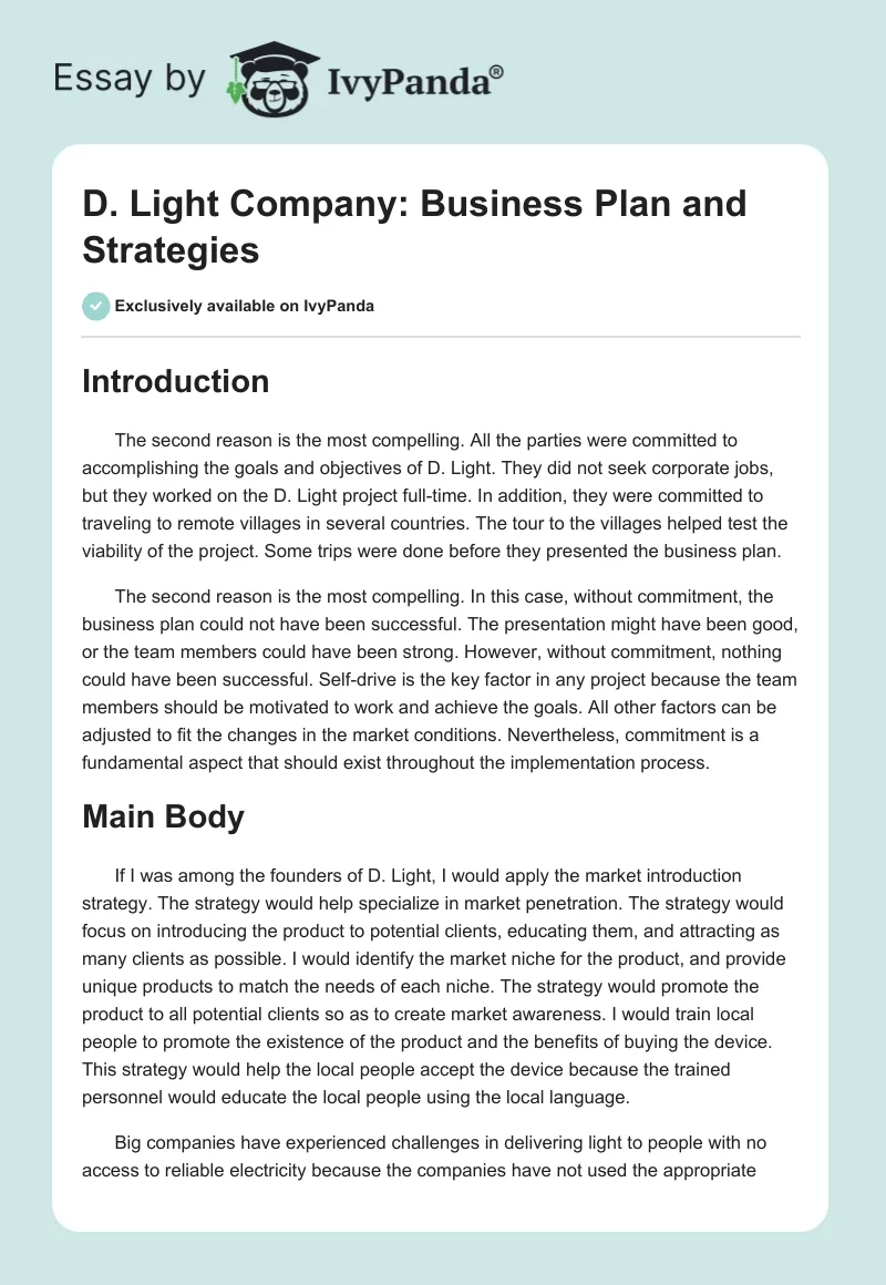 D. Light Company: Business Plan and Strategies. Page 1