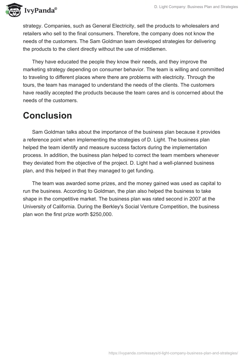 D. Light Company: Business Plan and Strategies. Page 2
