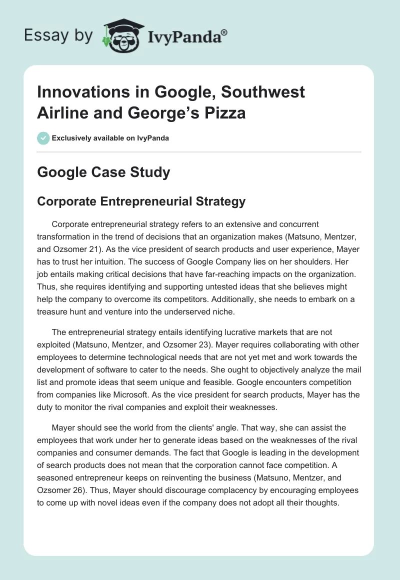 Innovations in Google, Southwest Airline and George’s Pizza. Page 1