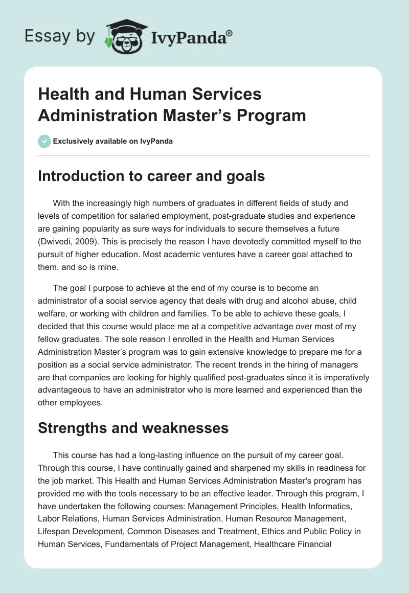 Health and Human Services Administration Master’s Program. Page 1