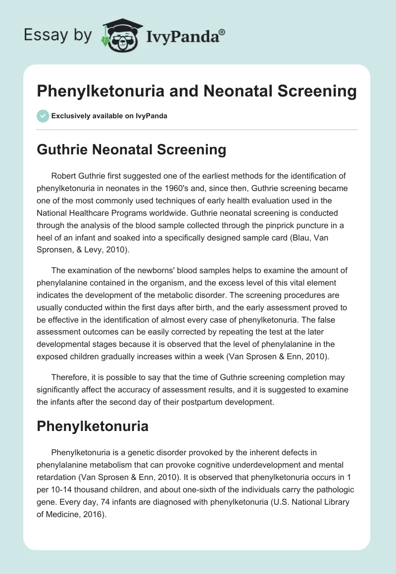 Phenylketonuria and Neonatal Screening. Page 1