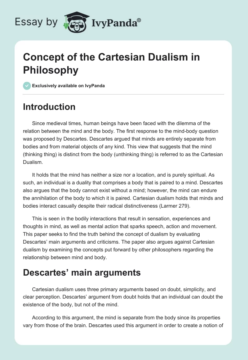 Concept of the Cartesian Dualism in Philosophy. Page 1
