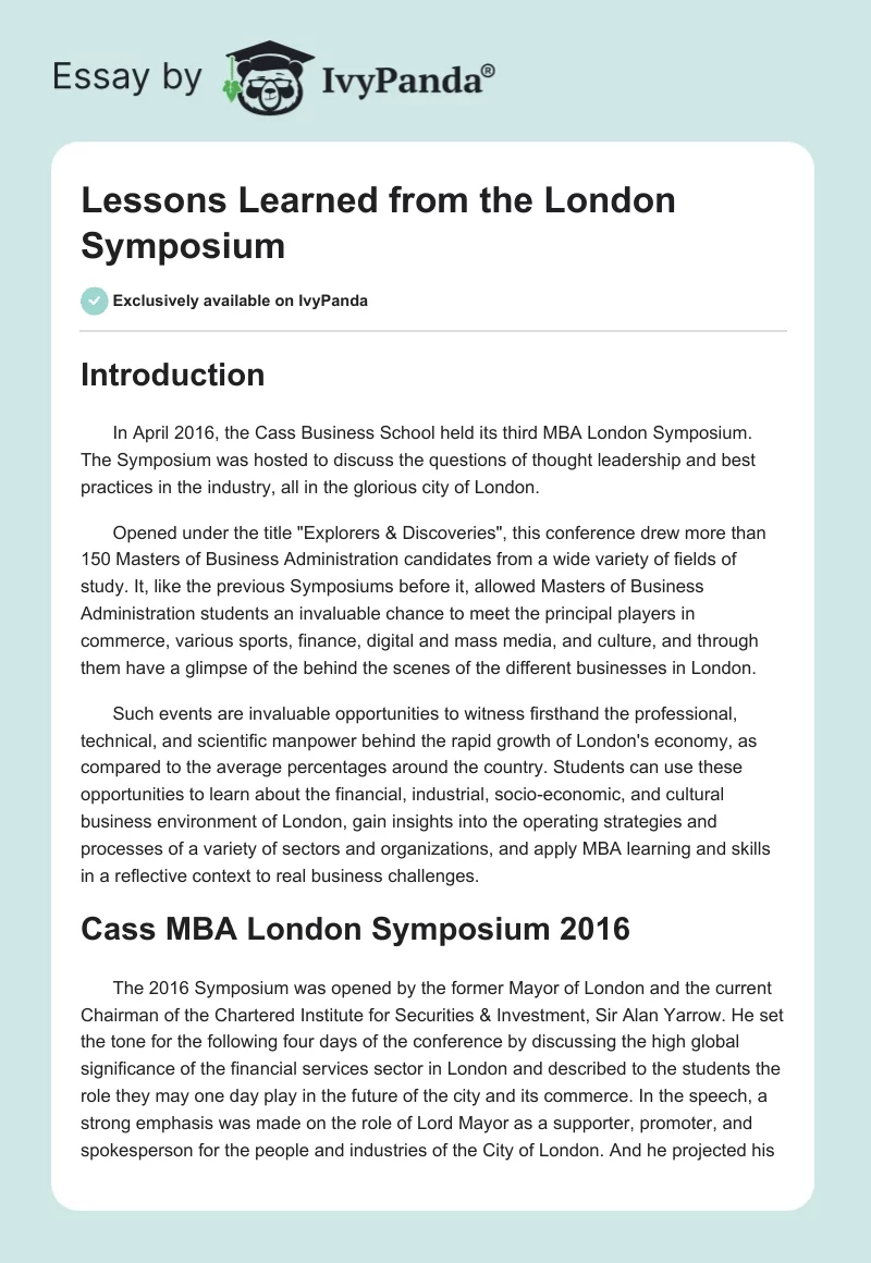 Lessons Learned from the London Symposium. Page 1