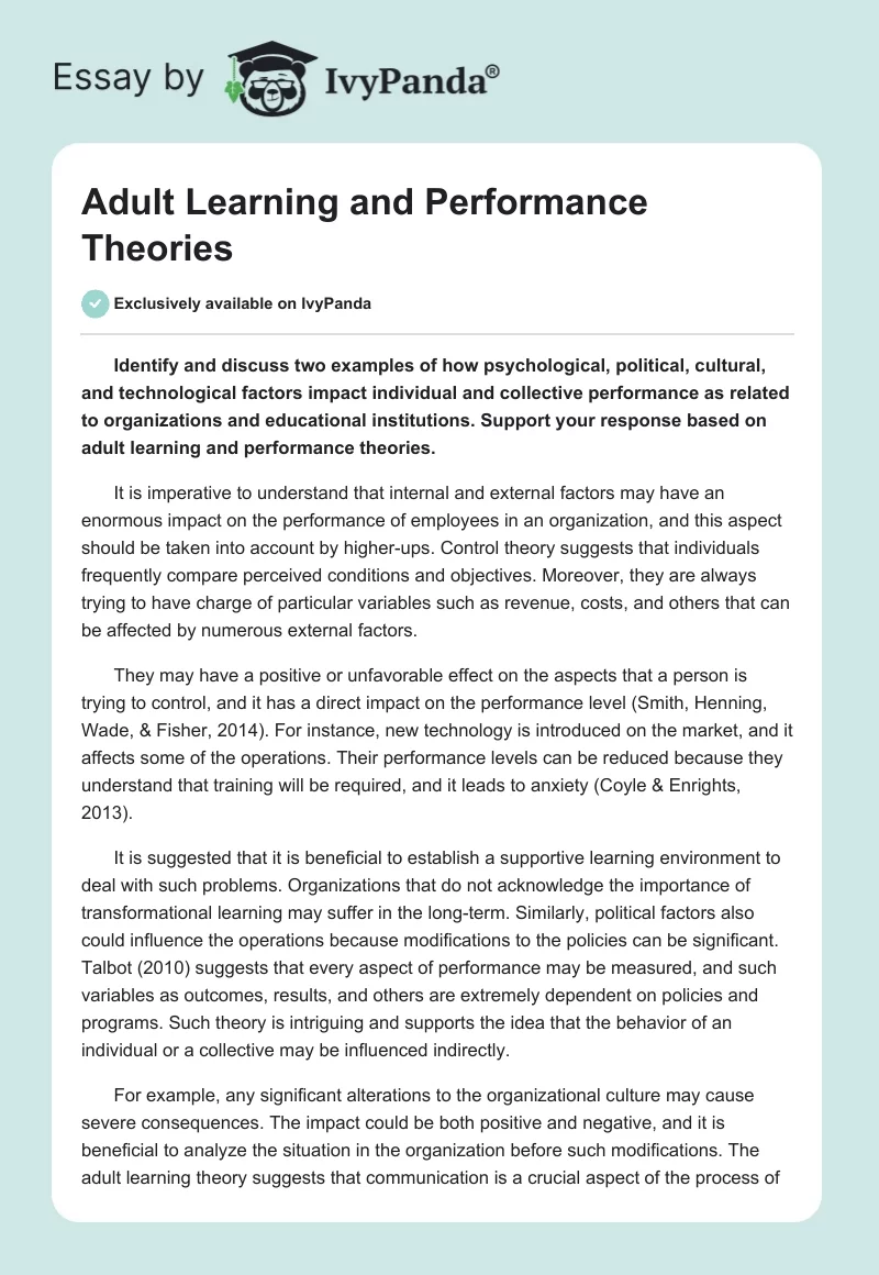 Adult Learning and Performance Theories. Page 1