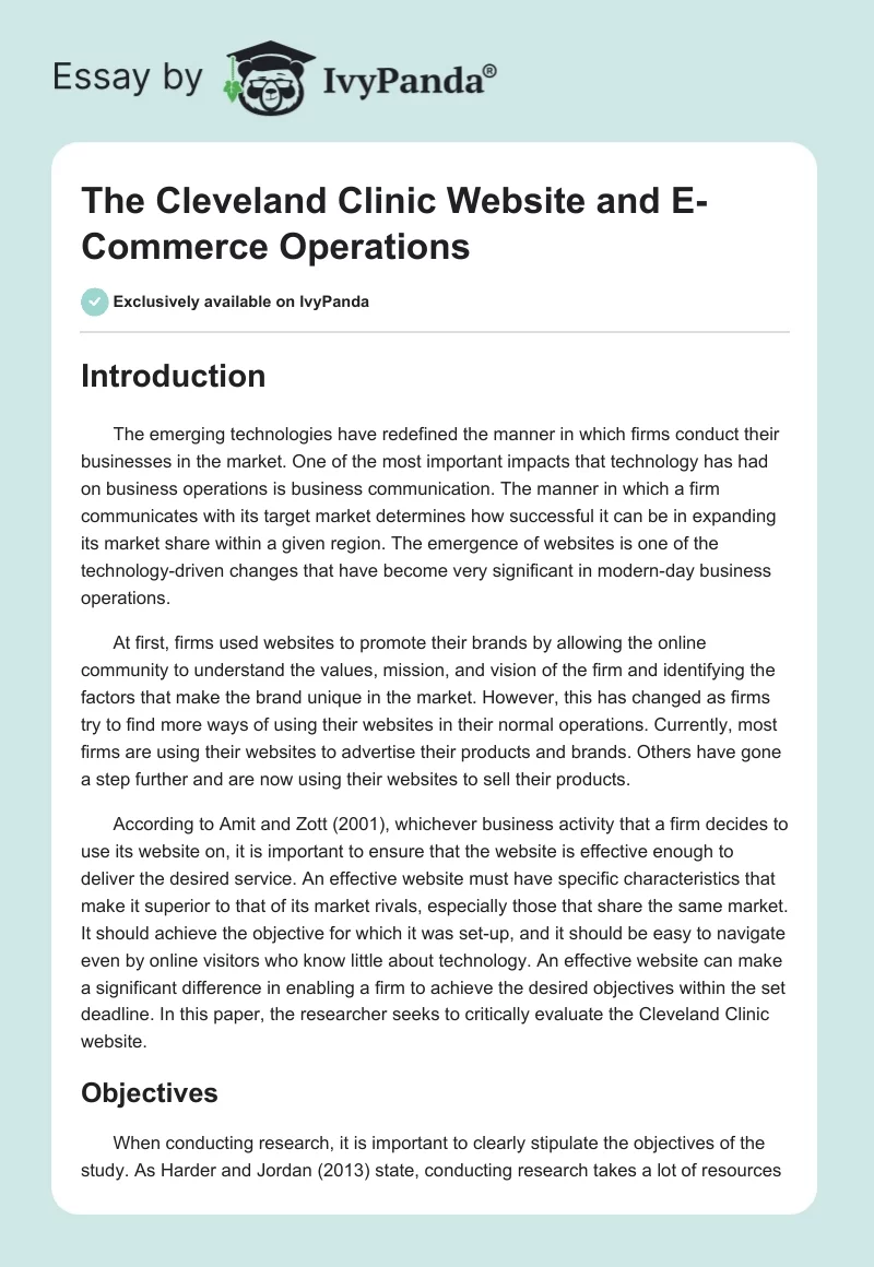 The Cleveland Clinic Website and E-Commerce Operations. Page 1