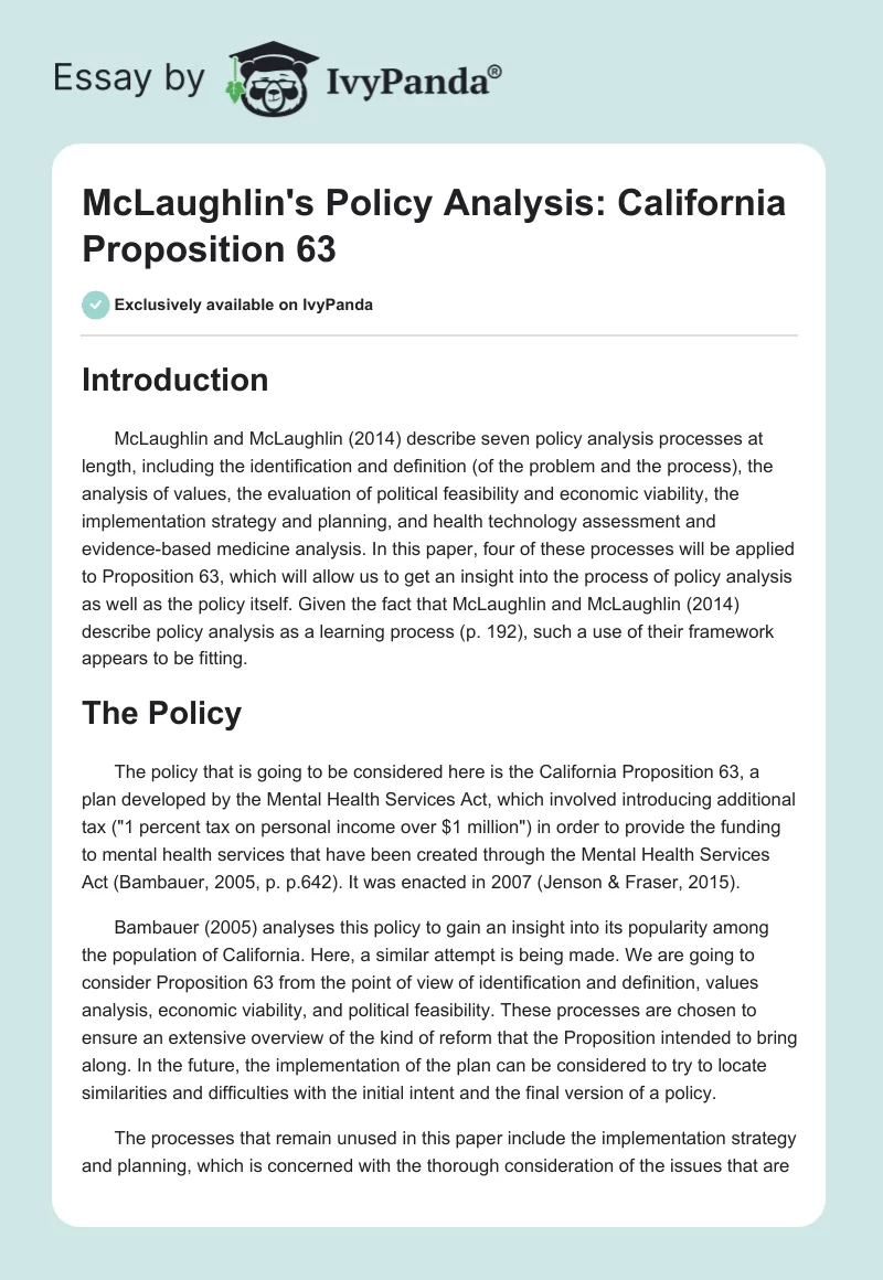 McLaughlin's Policy Analysis: California Proposition 63. Page 1