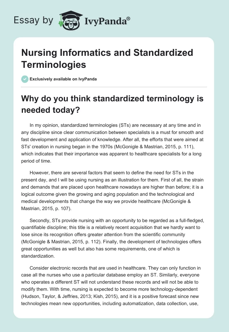 Nursing Informatics and Standardized Terminologies. Page 1
