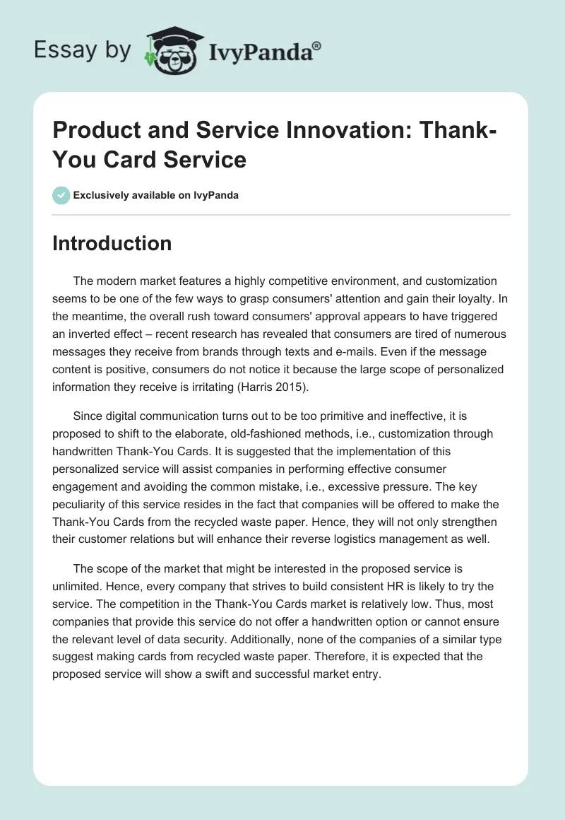 Product and Service Innovation: Thank-You Card Service. Page 1