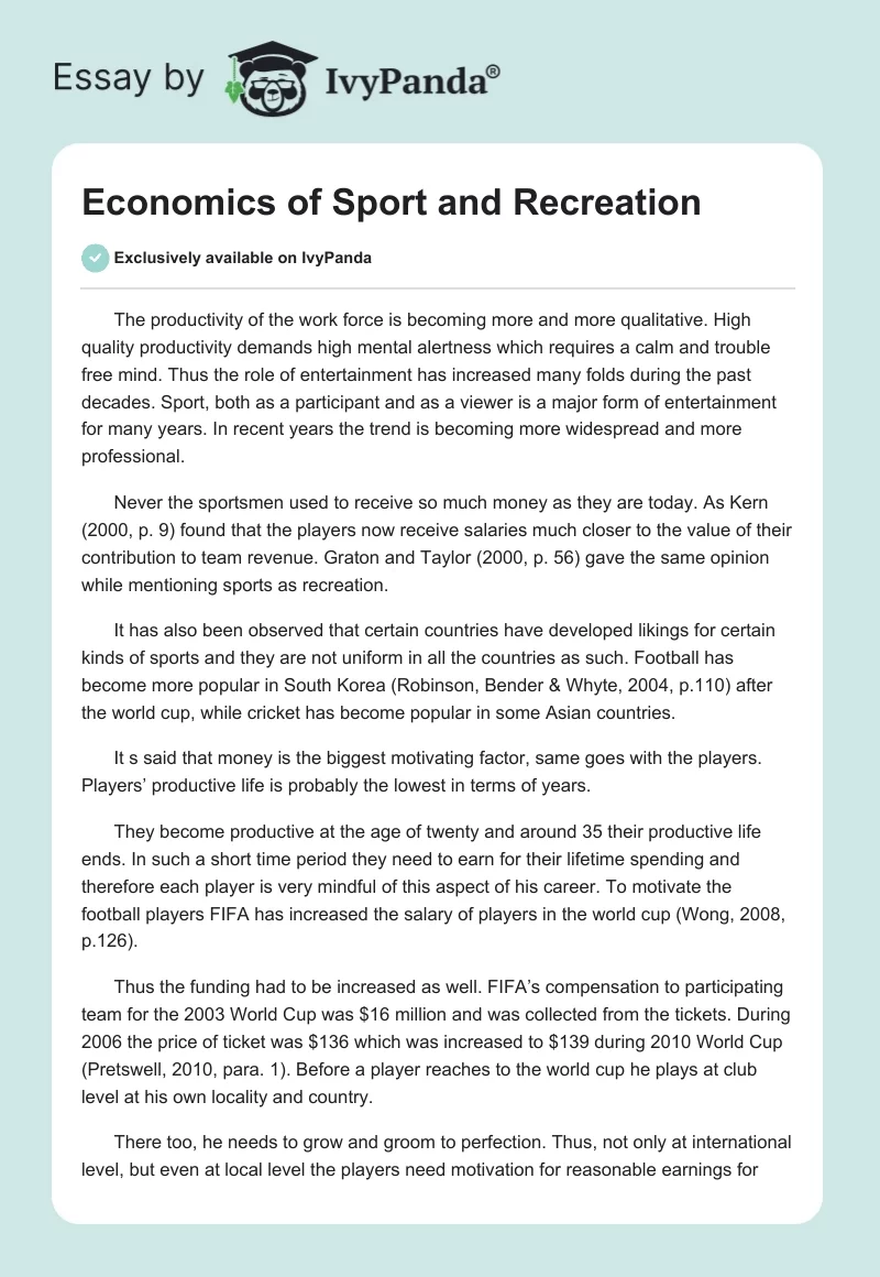 Economics of Sport and Recreation. Page 1